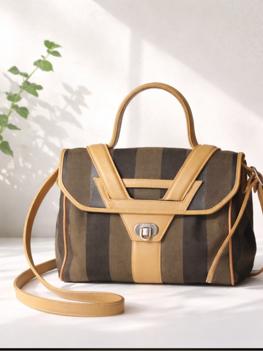 Fendi Pequin Black & Tan Striped Handbag/Crossbody Bag with Leather Trim.